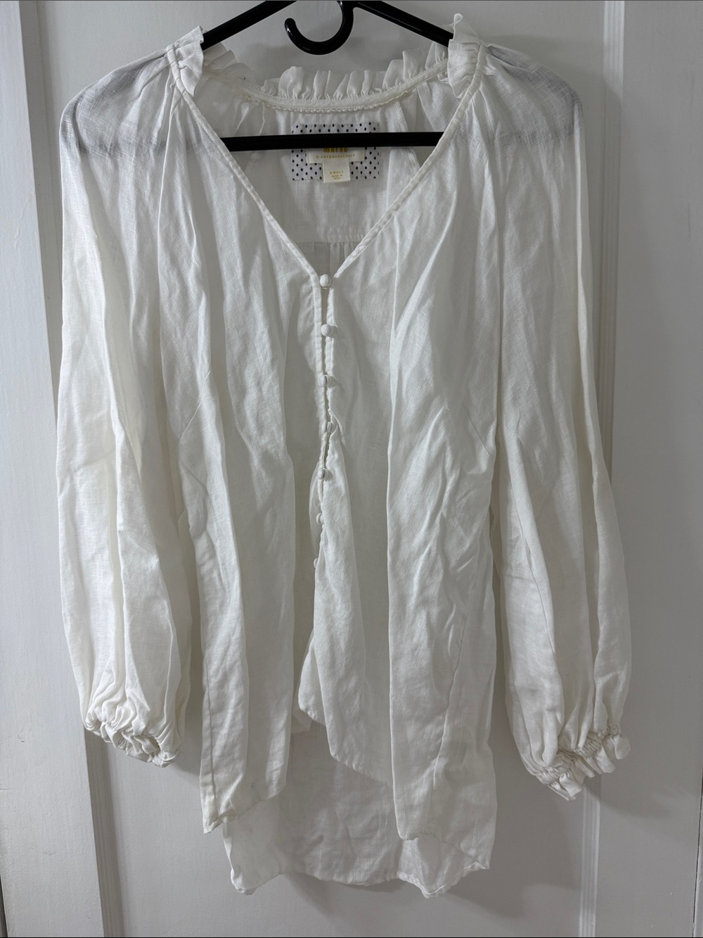 Linen Anthropologie Maeve White Button-Front Peasant Blouse